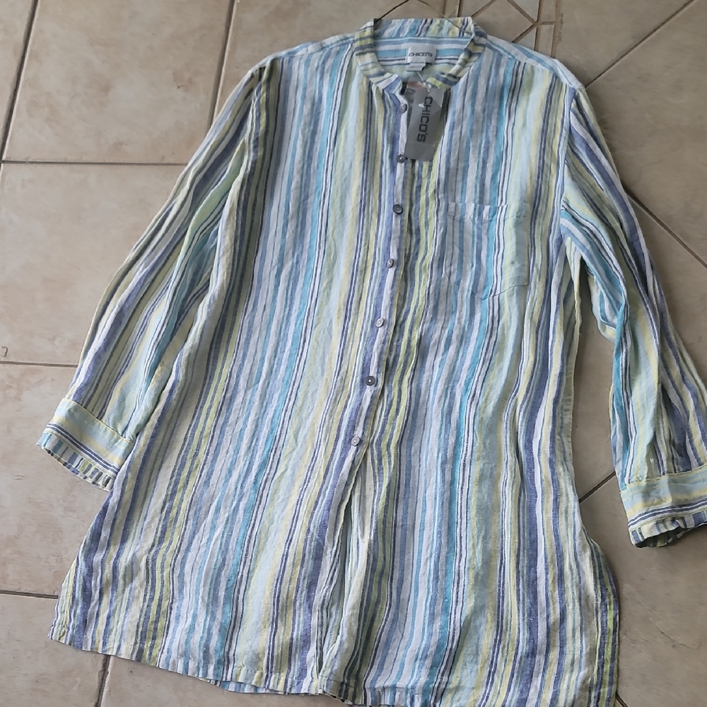 Chico's Striped Button-Up Tunic Shirt Dress 100% Linen SZ XXL
